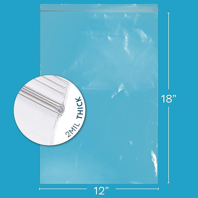 GPI - 12" x 18" Zip Bags, 200 Count, Clear Plastic Reclosable Zipper Poly Baggies, with Resealable Zip Top Lock. for Freezer, Apparel, Clothing, Food, Home & Office Supplies.