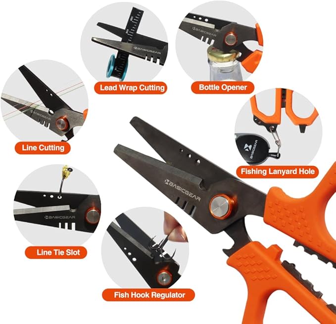 BasicGear Fishing Multi-Tool Scissors ??Titanium-Coated, Stainless Steel, Multi-Tool Cutter with Hook Adjuster, Screwdriver, Bottle Opener, Sheath & Non-Slip Grip for Saltwater or Freshwater Use
