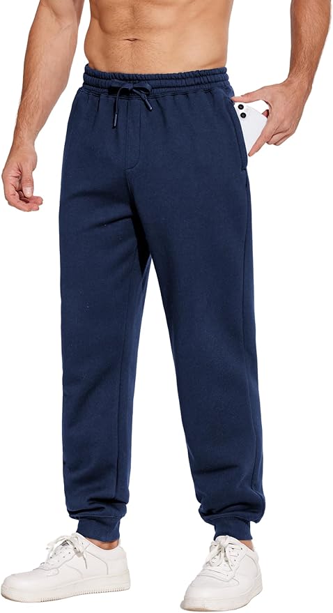 PINSPARK Men's Fleece Joggers with Zipper Pockets Tapered Sweatpants Cotton Sweat Pants for Mens Heavyweight Lounge Pants