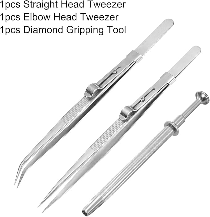 HARFINGTON 3pcs Diamond Tweezer Holder Pick Up Tool Set Stainless Steel 4 Claw Holder Straight/Elbow Head Jewelry Locking Tweezer for Tiny Objects Electronic Components, Silver