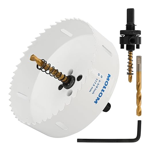 Mollom (117.5mm | 4-5/8") HSS M42 with 8% Cobalt BI-Metal Hole Saw with 2 Pilot Drill Bits & Arbor Smooth Cutting for PVC,Drywall,Wood,Plastic,Gypsum Board,Rubber