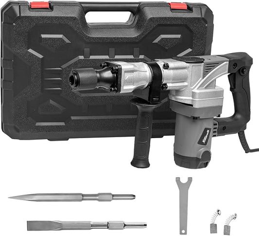 XtremepowerUS 1400W Demolition Jack Hammer With Point & Chisel Bits & Case Electric Demolition Construction Concrete Breaker Punch Drill (Grey/Black)