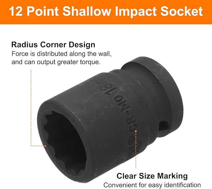 uxcell 1/2" Drive x 18mm Shallow Impact Socket 12-Point Metric CR-MO Steel Nut Impact Grade Socket for Auto Repair