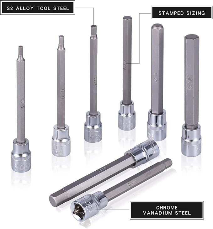 20PCS Extra Long Hex Bit Socket Set 3/8 Inch Drive | Standard SAE & Metric (1/8-Inch - 3/8-Inch, 3-12mm) | S2 Alloy Steel Allen Bits | Heavy Duty Cr-V Sockets Set