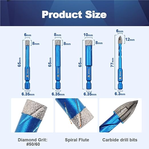 Diamond Drill Bit - BRSCHNITT 1/4 1/4 5/16 3/8 inch Masonry Drill Bits Set for Porcelain Tile Ceramic Stone Granite Marble,Hex Shank Diamond Hole Saw Drill Bit(5pcs/Pack).