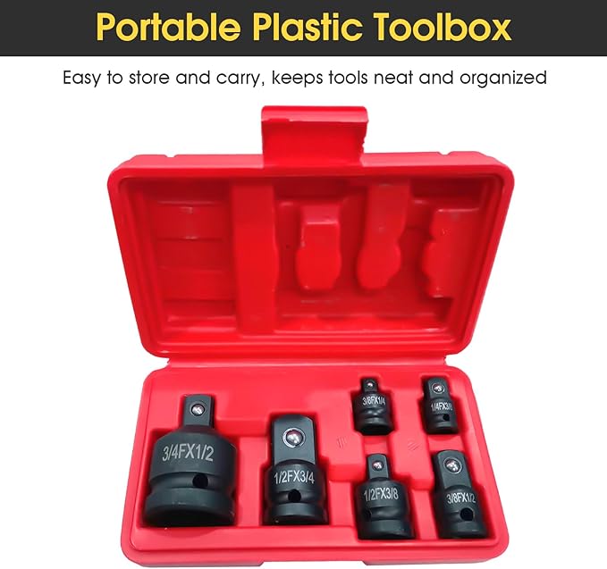 6 Pcs Impact Socket Adapter and Reducer Kit, Cr-V Steel Ratchet Adapter Set Impact Driver and Wrench Conversion Kit, 3/8 to 1/2 and 3/4 to 1/2 and 3/8 to 1/4 Socket Adapters