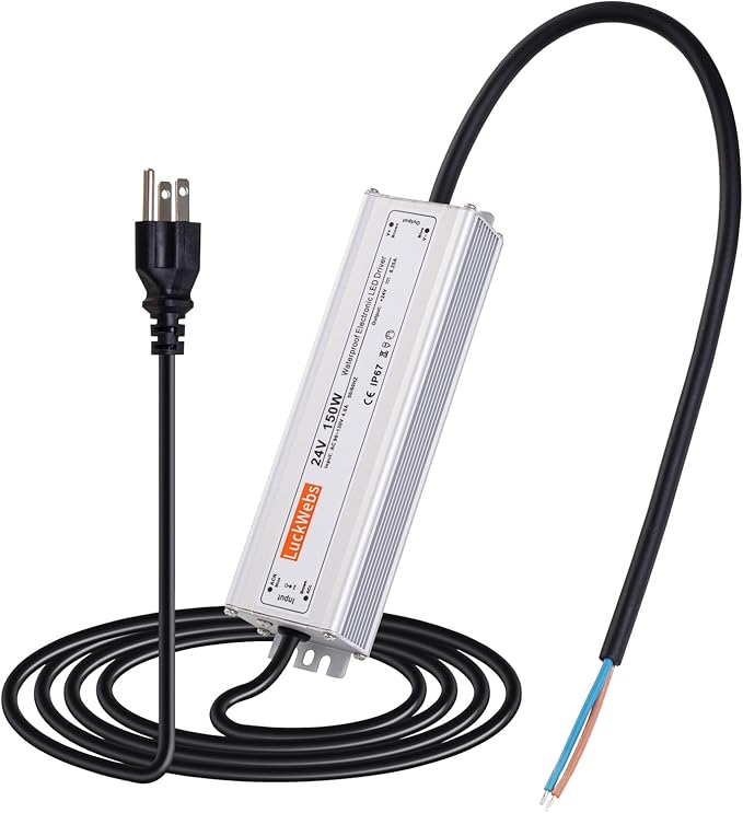 LED Driver 24V150W Waterproof Power Supply AC 90-130V to DC 24V6.25A Switching Power Supply IP67 Rated Driver Suitable for Indoor Outdoor 24V Series LED Strip Lights and String Lights