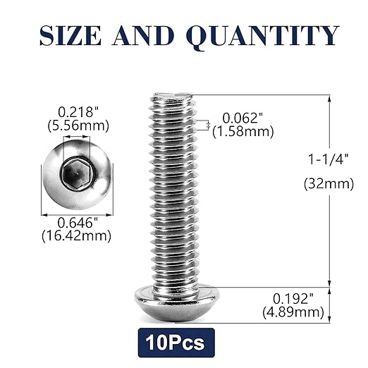 3/8-16 x 1-1/4" Button Head Socket Cap Bolts Screws, 10Pcs 304 Stainless Steel 18-8, Allen Hex Drive, Bright Finish by SG TZH(with Hex Spanner)