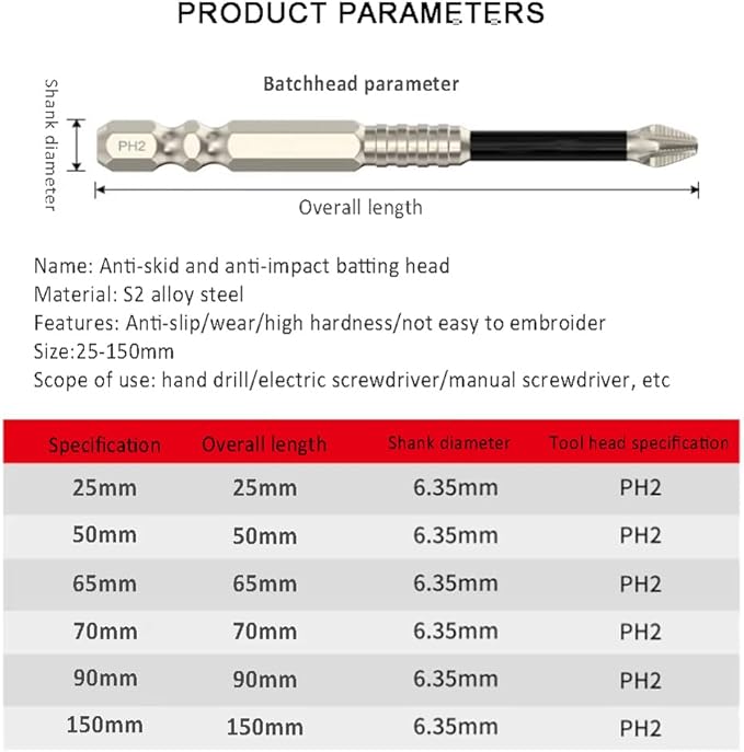 6PCS Magnetic Screwdriver Bit Set, Long Alloy Steel Magnetic Screwdriver Bits PH2 Hex Shank 1/4 Inch Hand Tools 25-150mm High Hardness