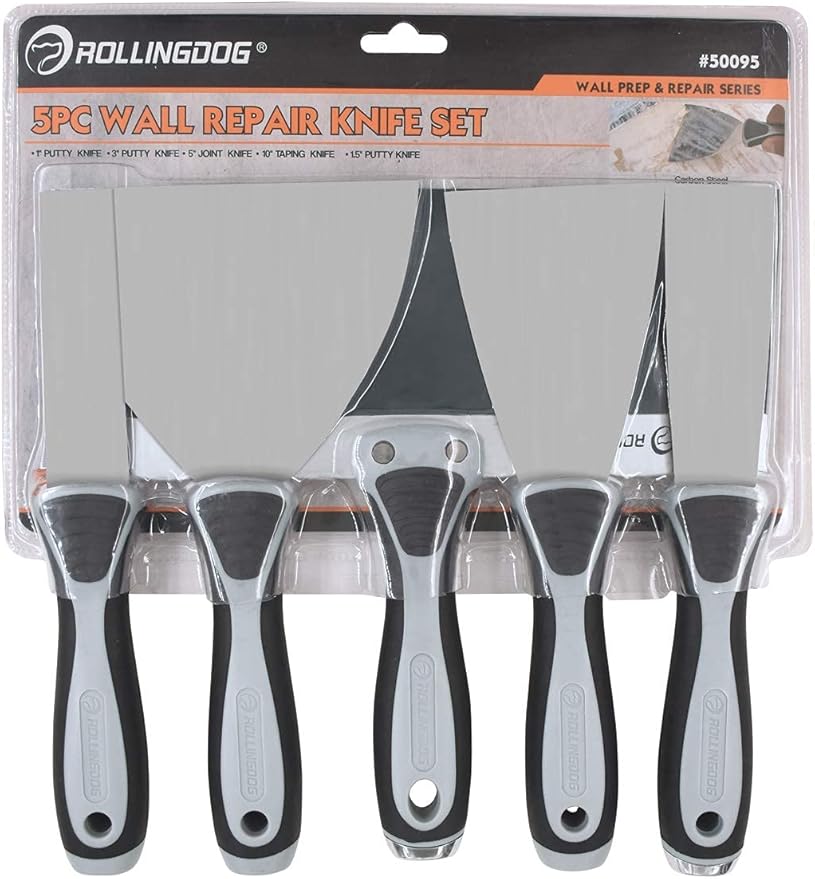 ROLLINGDOG 5 PC Putty Knife Set- Include 1", 3" and 5" Spackle Knife, 1.5" Chisel Scraper, 10" Taping Knife for Drywall Repair