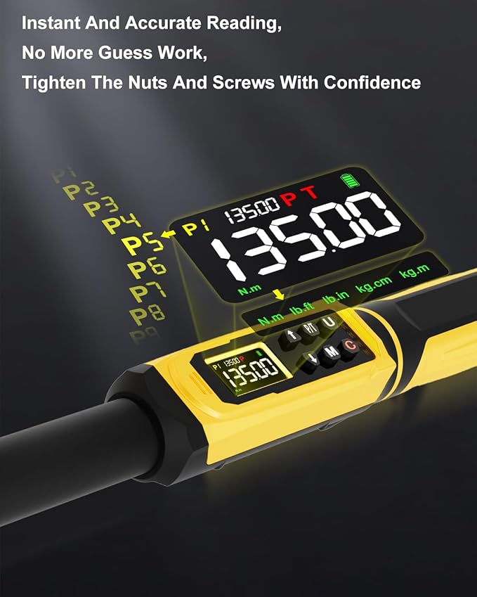 Digital Torque Wrench 3/8" Drive, 1.5-99.5 FT.Lb - 5 Units with Color Screen, Vibration/Buzzer/LED, 5" Extension & 3/8 to 1/2 Adapter, 3/8 Torque Wrench 짹2% Accuracy for Car, Motorcycle, Bike Repair