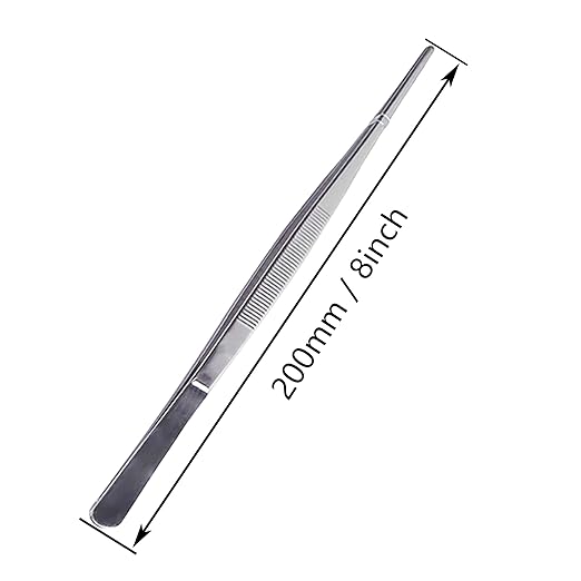 8 Inch Straight Tip Long Forceps Tweezers, Serrated Flat Tips Surgical Tongs Jewelers Needle Metal Sewing Sharp Kitchen Cooking Tweezers With Teeth Knurled Handles (1PCS-200mm)