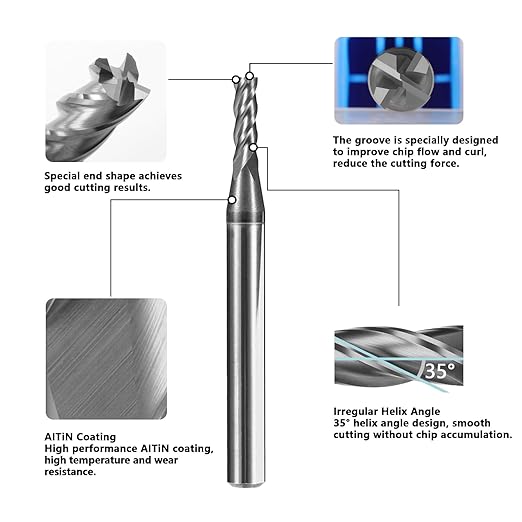 5pcs 3/32" Carbide Square End Mill Bits Set for Alloy Stees/Hardened Steels,Hrc55 Micro Grain Carbide Milling Cutter 4Flute CNC Router Bits with AlTiN Coating