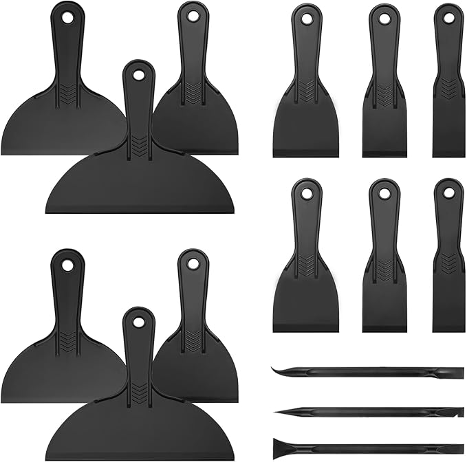 15 Pack Plastic Putty Knife Set - 12 Flexible Plastic Paint Scraper Tool and 3 Detail Scraper Tool for Spackling, Repairing Drywall, Removing Wallpaper, Applying Mud or Plaster