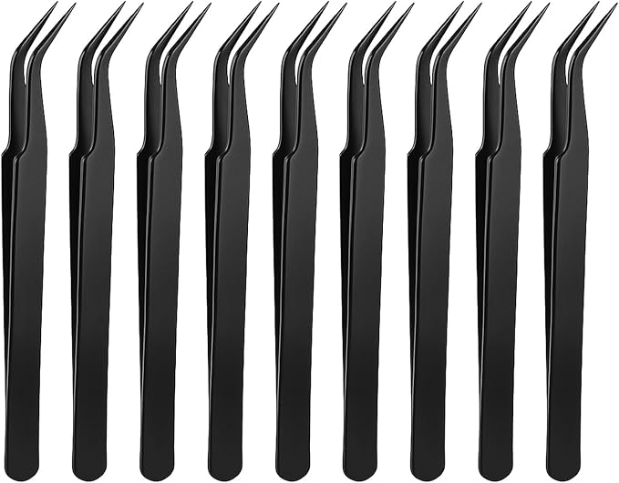 9 Pieces Craft Tweezers, Stainless Steel Sticker Tweezers Black Curved Pointed Craft Tweezer Multipurpose Precision Tweezer for Jewelry Making, Scrapbooking, Eyelash Extension