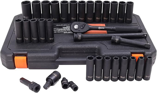 33PCS 1/2" Drive Impact Socket Set 8-22mm, Metric Cr-V Deep & Shallow 6-Point, 5" 10" Extension Bars Universal Joint, Automotive Mechanics Tool Kit, Storage Case