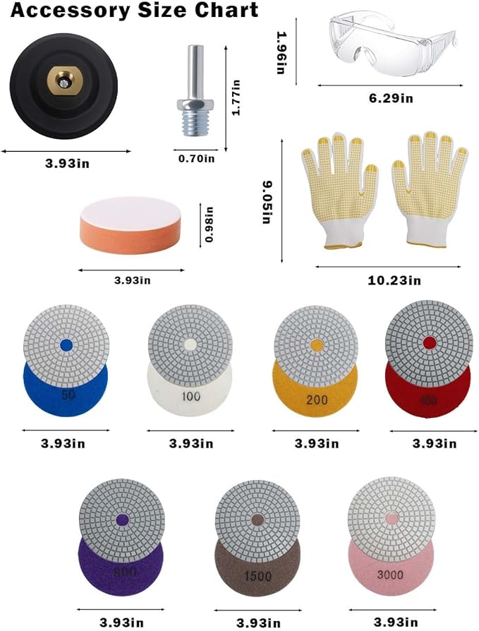19 Pcs Stone Polishing Kit, 50#-3000# 4 Inch Concrete Polishing Pads for Grinder, Polisher Pads Kit with Metal Rod, Rubber Adhesive Disc, Polished Sponge Ball, Goggles, Gloves
