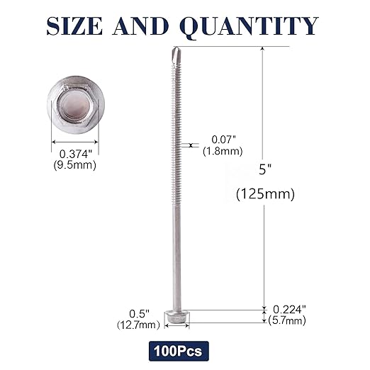 #14 x 5 Sheet Metal Screws 100PCS 410 Stainless Steel Hex Washer Head Tek Screws Fast Self Tapping Screws by SG TZH