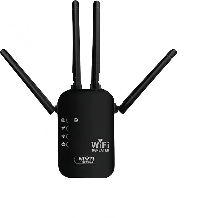 200Mbps WiFi Range Extender with 4 Antennas ??Sleek Black Design, Universal Router Compatibility, 1-Click Setup for Whole-Home Coverage (200M) (200M)
