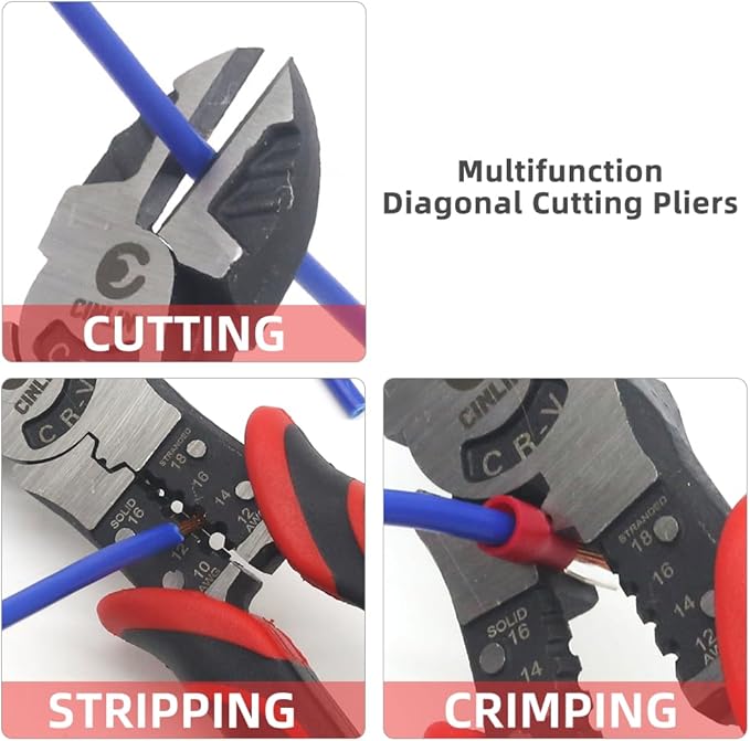3-in-1 Diagonal Cutting Pliers, 7.5" Multifunction Heavy Duty Side-Cutting/Stripping/Crinmping function, Wire Cutters with Ergonomic Handle for Electricians and Homes.CIN-DC1 Pliers
