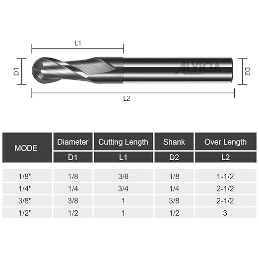 3/8" Ball Nose Carbide End Mill - 2 Flute AlTiN Coated Milling Bits Sets for Milling Alloy Steels, Hardened Steel, Metal