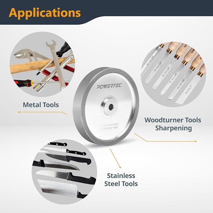 POWERTEC CBN Grinding Wheel 6 Inch 180 Grit, 1" Wide, 1/2" Arbor ??Bench Grinder Sharpening Wheel for HSS Tools, Lathe Chisels, and Woodturning Tools (15704)