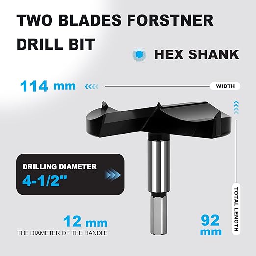 4-1/2 Inch Forstner Drill Bit Carbide Tipped,Woodworking Hinge Cutter for Precise Flat Bottom Holes in Hard Wood,Plywood,Plastic - Professional Grade