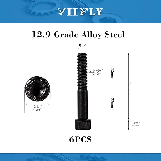 YIIFLY M10-1.5 x 65mm Socket Head Cap Screws, M10x1.5 Bolt,12.9 Grade Alloy Steel, Allen Socket Drive, Black Oxide Finish, Half Thread, Quantity 6