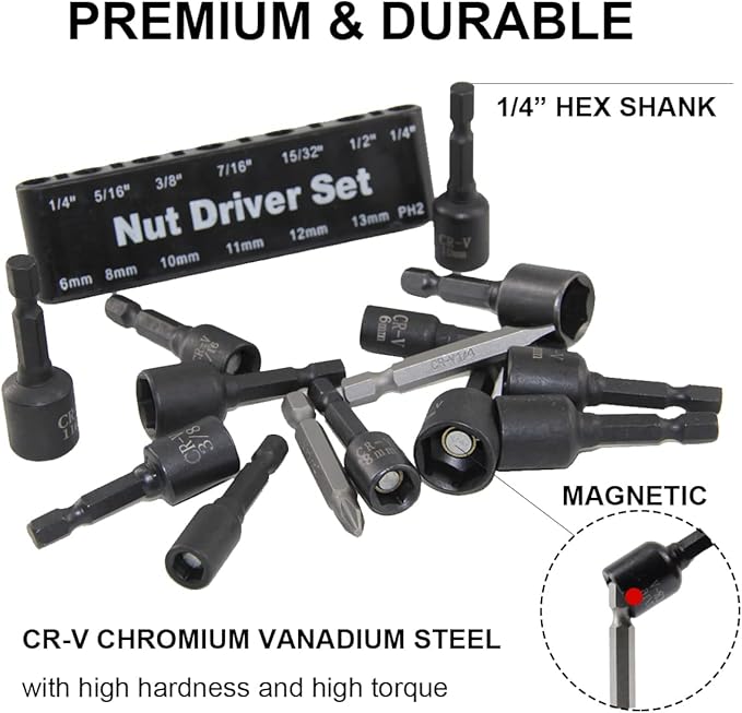 MacWork 14PCS Magnetic Hex Nuts Driver Set for Impact Drill, CR-V Steel, SAE 1/4" to 15/32", Metric 6mm to 13mm, 1/4" Hex Shank Drill Bit Set Screwdriver Socket Set