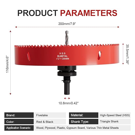 7-7/8" (200mm) Bi-Metal M42 High Speed Steel Hole Saw with Pilot Drill Bit, Smooth Cutting Edge for PVC, Drywall, Wood, Plastic, Gypsum Board, Rubber, Thin Metal