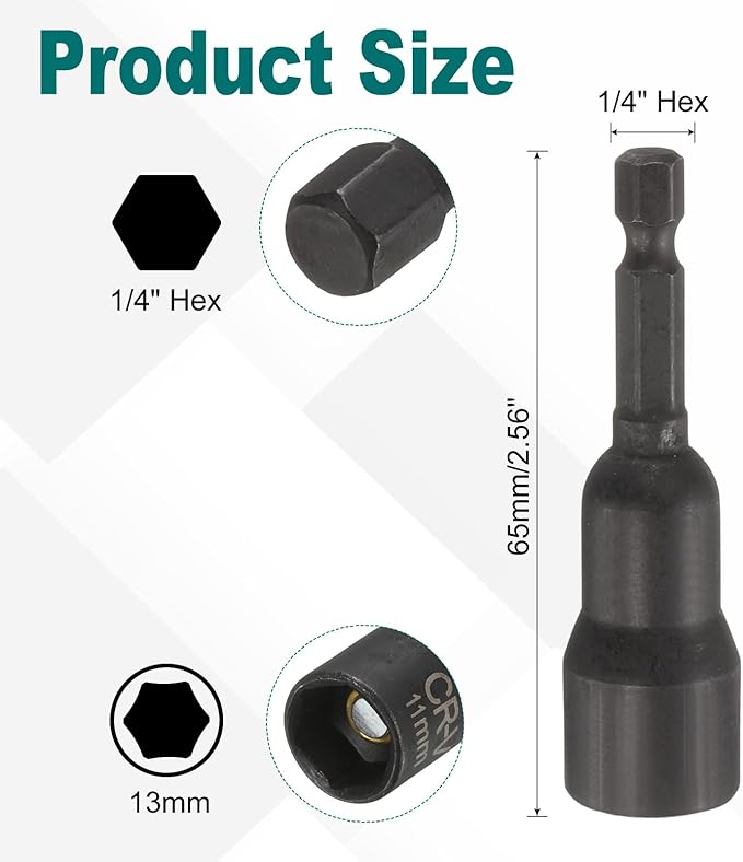 uxcell 2Pcs 1/4" Hex Shank 13mm Magnetic Hex Socket 65mm Length, CR-V Steel Quick-Release Impact Driver Socket Wrench Screw for Impact Drill Power Nut Setter