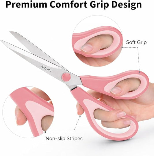iBayam 8" All Purpose Scissors Bulk 3-Pack for Scrapbook, Vision Board, Office, Teacher Supplies, Heavy Duty Scissors with Ultra Sharp 2.5mm Thick Blade & Comfort Grip Handles, Right/Left Handed