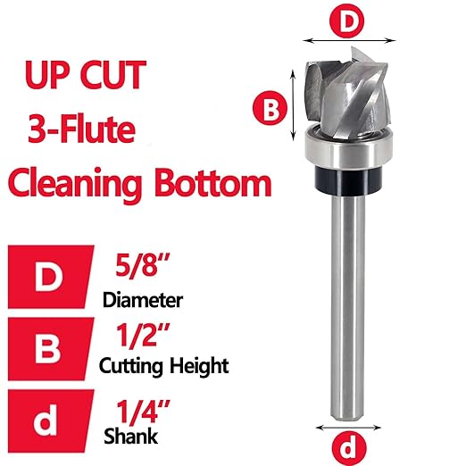 Spiral Flush Trim Router Bit 1/4 Shank, Up-Cut Carbide Head 3-Flute, 5/8" Diameter, 1/2" Cutting Length, Pattern Template Flush Trim Router Bit, for Grooves, Bottom Cleaning, Wood Trimming