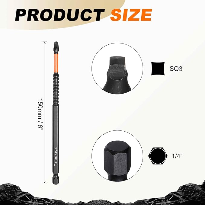 HARFINGTON 3pcs Square Head Screwdriver Bits 1/4" Hex Shank SQ3 Magnetic Head 6" Length S2 Steel Screw Driver Drill Bit for Repair Work Electric Screw Driver