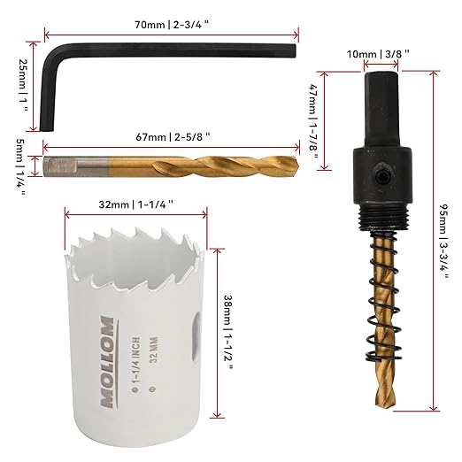 Mollom (32mm | 1-1/4") HSS M42 with 8% Cobalt BI-Metal Hole Saw with 2 Pilot Drill Bits & Arbor Smooth Cutting for PVC,Drywall,Wood,Plastic,Gypsum Board,Rubber