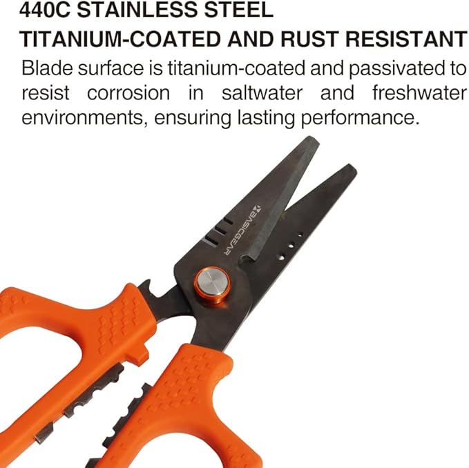 BasicGear Fishing Multi-Tool Scissors ??Titanium-Coated, Stainless Steel, Multi-Tool Cutter with Hook Adjuster, Screwdriver, Bottle Opener, Sheath & Non-Slip Grip for Saltwater or Freshwater Use