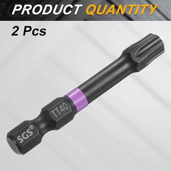 HARFINGTON 2pcs TT40 Torx Head Impact Screwdriver Bits 1/4" Hex Shank 2" (50mm) Long Magnetic Tamper Proof 6 Point Star Screw Driver Drill Bits Phosphate S2 Steel Power Tools with Hole