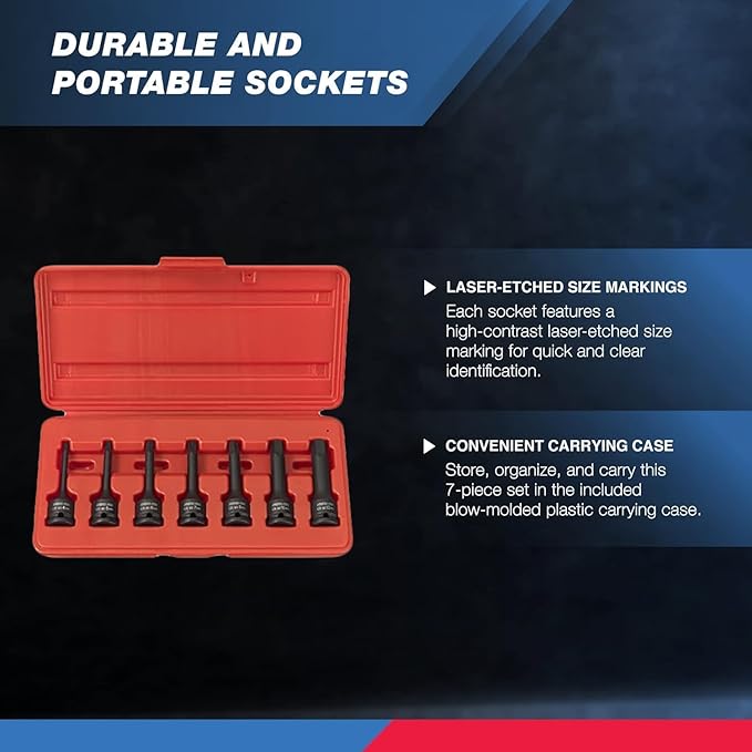 NEIKO 01130B 3/8" Drive Allen Socket Set, 7 Piece, 3 Inch, 3/8??Impact Hex Bit Socket Set, Metric Hex Driver 4 mm to 12 mm, Chrome-Moly Cr-Mo Impact Grade