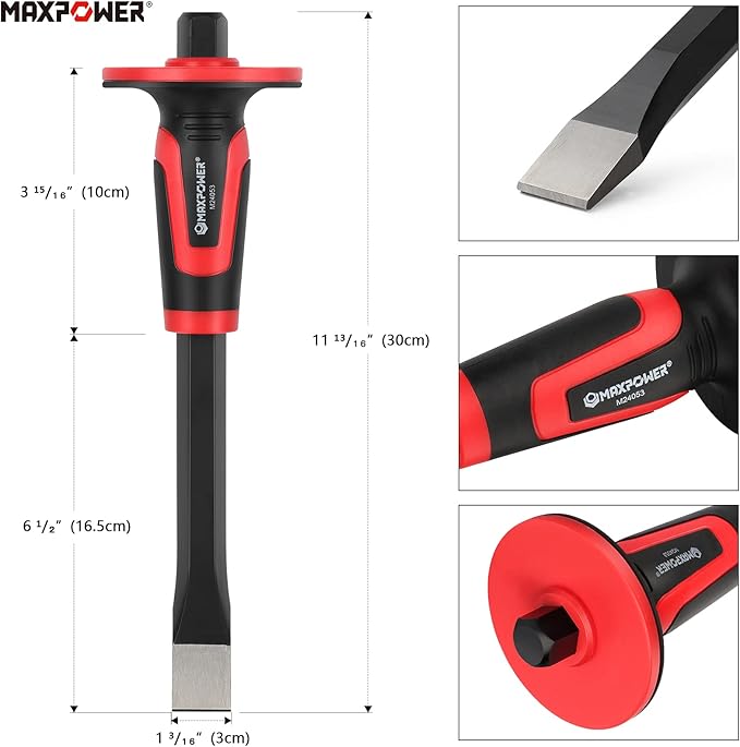 MAXPOWER 3-Piece Masonry Chisels Set, 11" Point Chisel and Flat Chisels, 8" Brick Chisel, with Thick Hand Guard