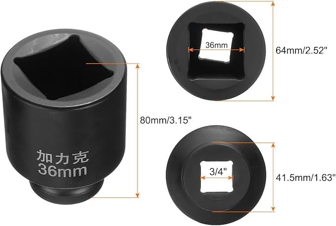 HARFINGTON 4 Point Square Socket 3/4" Drive by 36mm Metric Square Impact Socket 40CR Blackening Standard Wheel Sockets Pneumatic Socket Tool for Auto Repair Mechanical Maintenance Home Use