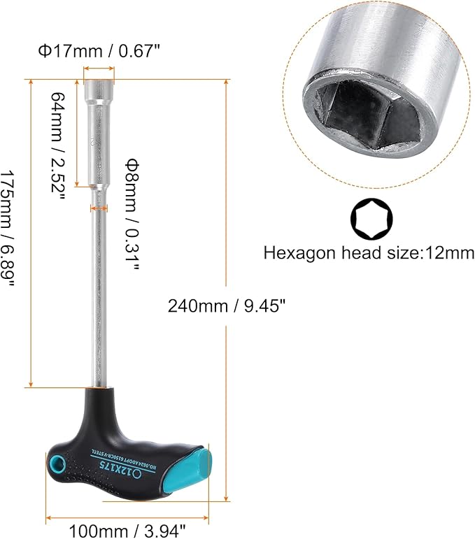 HARFINGTON T-Handle Metric Nut Driver 12mm Dia 175mm Shank 6 Point Hex Socket Screwdriver with Non-Slip Handle for Tightening and Loosening Fasteners