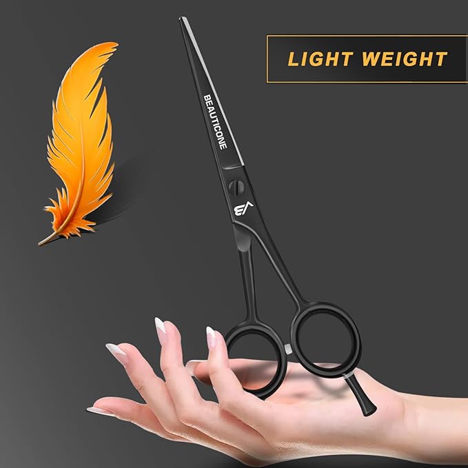 BEAUTICONE 짰 Hair Cutting Scissors - High Carbon SS 6.5" Professional Barber-Grade Salon Shears with Serrated & Razor Edge - Black Premium Gift Box with Leather Pouch & Extra Accs - Ultra Lightweight