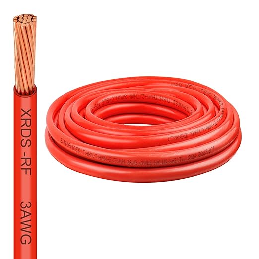 XRDS -RF 3 Gauge THHN Wire, 10FT Red Stranded Copper Electrical Wire, 600V, Heat & Oil Resistant, Nylon Sheath Building Wire for Indoor/Outdoor Use
