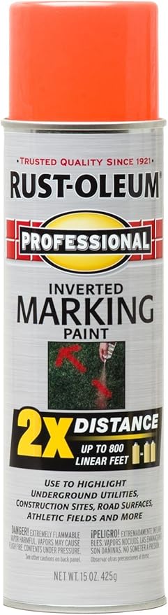 Rust-Oleum 266579 Professional 2X Distance Inverted Marking Spray Paint, 15 oz, Fluorescent Orange