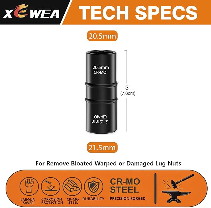 XEWEA 1/2 Inch Drive 20.5mm x 21.5mm Thin Wall Impact Flip Socket, Lug Nut Impact Socket Set Double Ended Thin Wall Nut Sockets CR-MO Twist Removal Tool for Stripped Rusted Bolts