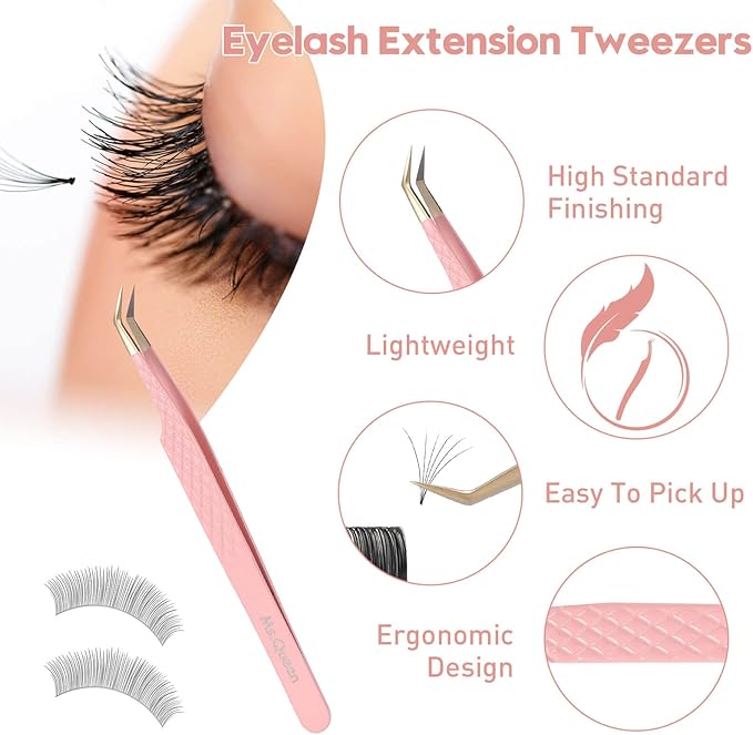 Ms.Queen Tweezers for Lash Extensions,Diamond Grip 3Pcs Fiber Tip 45 90 Degree Volume Eyelash Tweezers Set