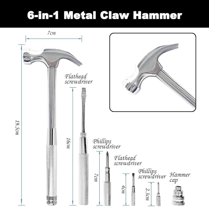 Multifunctional 6 in 1 Floral Hammer and Screwdriver Tool, Screwdriver Set with Multitool Hammers, Compact Screwdriver Set for Home（Silver)
