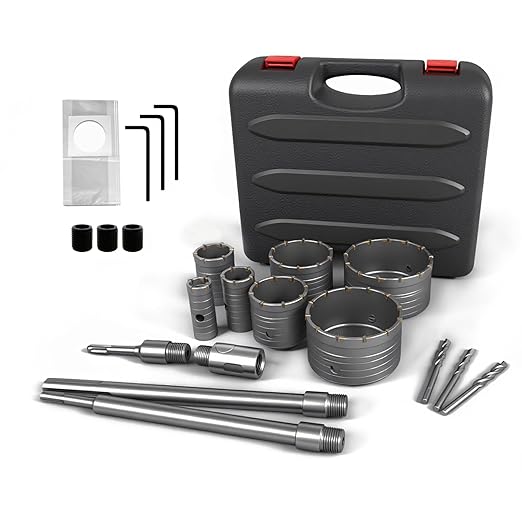 CATITO 19 Pcs Concrete Hole Saw Set, 30/40/50/65/80/100/110mm Concrete Hole Saw Kit, Masonry Hole Saw, Connecting Rods for SDS Plus & SDS Max, 5pcs Dust Bag, Cement|Brick Stone|Wall