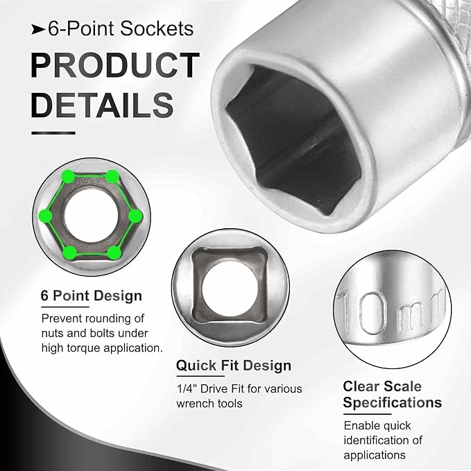 HARFINGTON 6 Points Deep Socket 1/4" Drive 10mm Deep Metric CR-V Steel Polished Nickel Plating Flip Sleeve 25mm / 1" Extra Long Socket Tool for Home Auto Nuts Bolts Repair