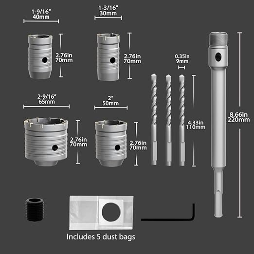CATITO 11 Piece Set of Concrete Hole Saw (30mm 40mm 50mm 65mm),Concrete Hole Saw Kit for Concrete with SDS Plus Shank Connecting Rod and 5pcs dust Bag, Cement|Brick Stone|Wall.